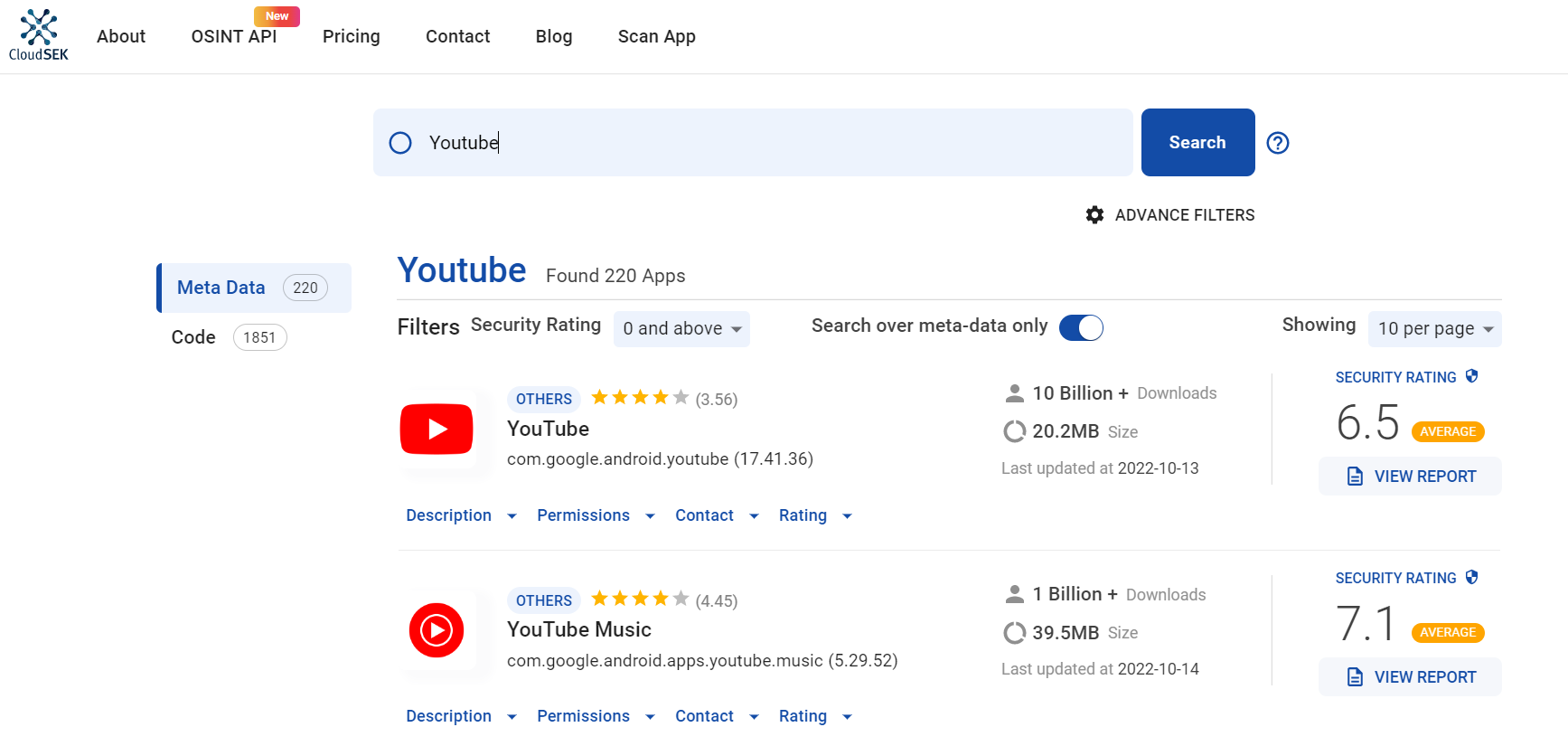 Application search results for the keyword “Youtube” on BeVigil