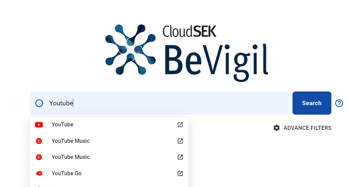 Searching for an application on BeVigil by using the keyword “Youtube”